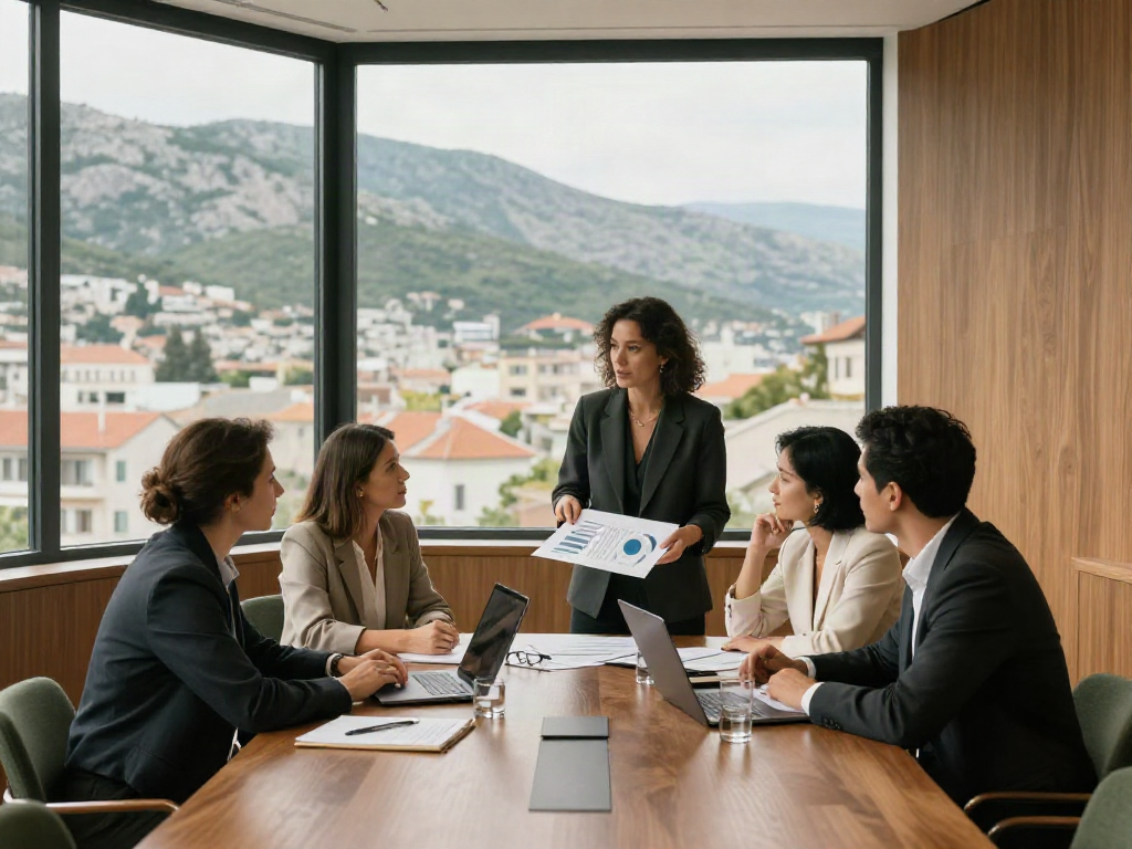 Consultants collaborating on a business strategy in a sunlit office overlooking Podgorica